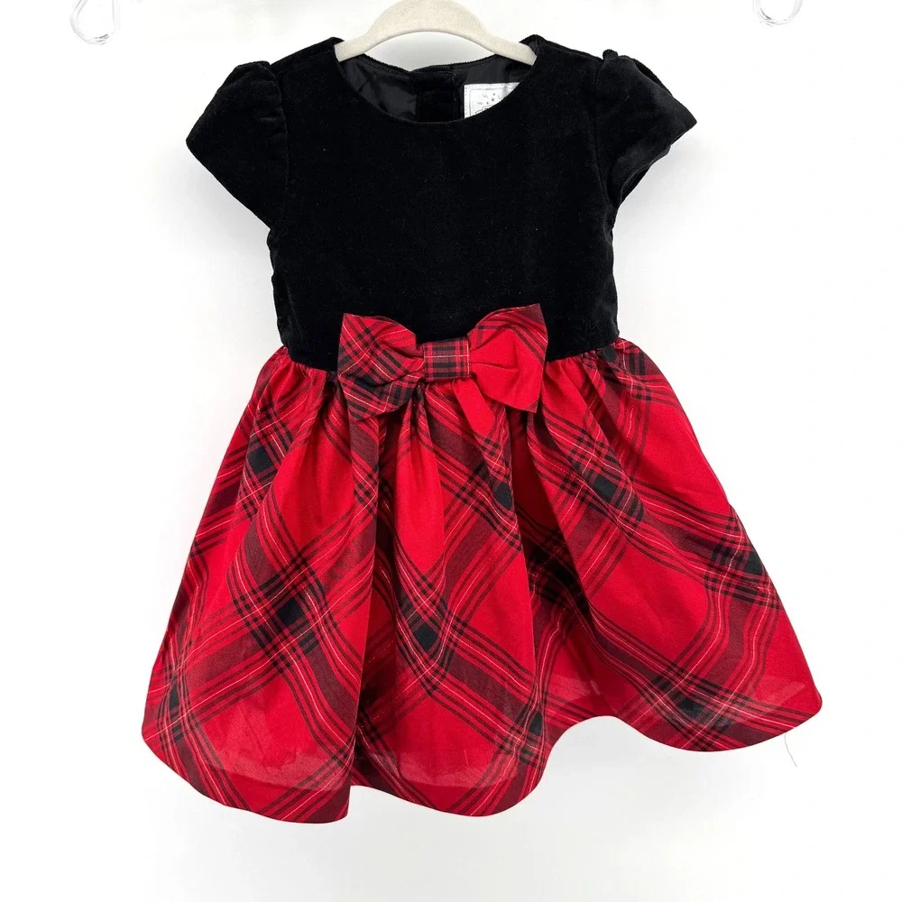 Gymboree Holiday Plaid Dress Girl 18-24m Red Black Velvet Festive 1st Christmas